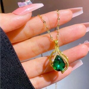 Gold Necklace with Emerald Green Pendant